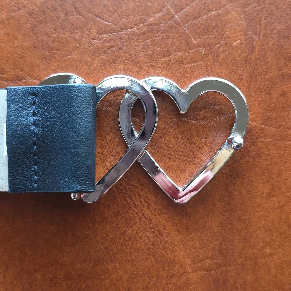 Source Unknown Black Belt with Double Heart Silver Buckle